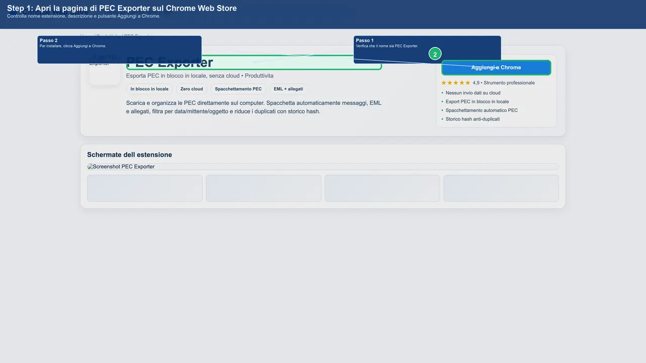 Chrome Web Store - pagina dell'estensione PEC Exporter