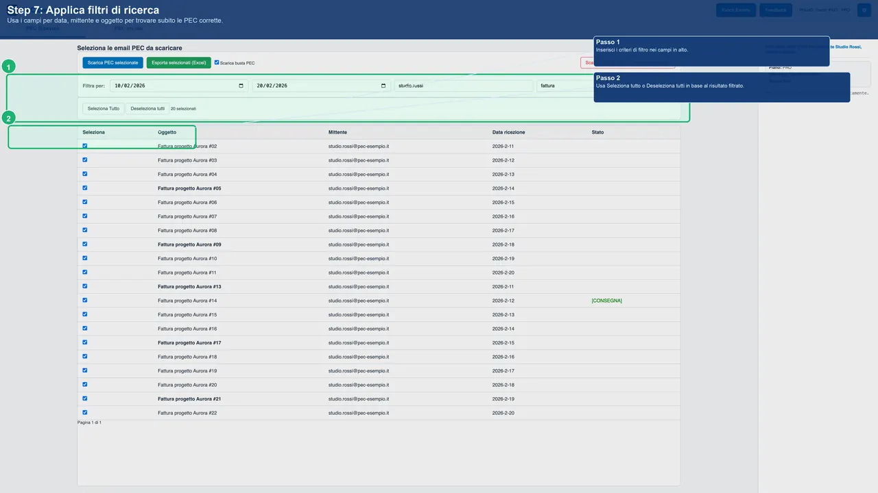 Filtri di ricerca per data mittente e oggetto
